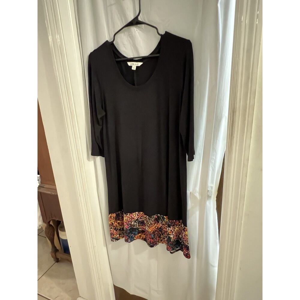 Pioneer Woman Black Floral Border Print Shift Dress Sz L Boho Cottage Prairie